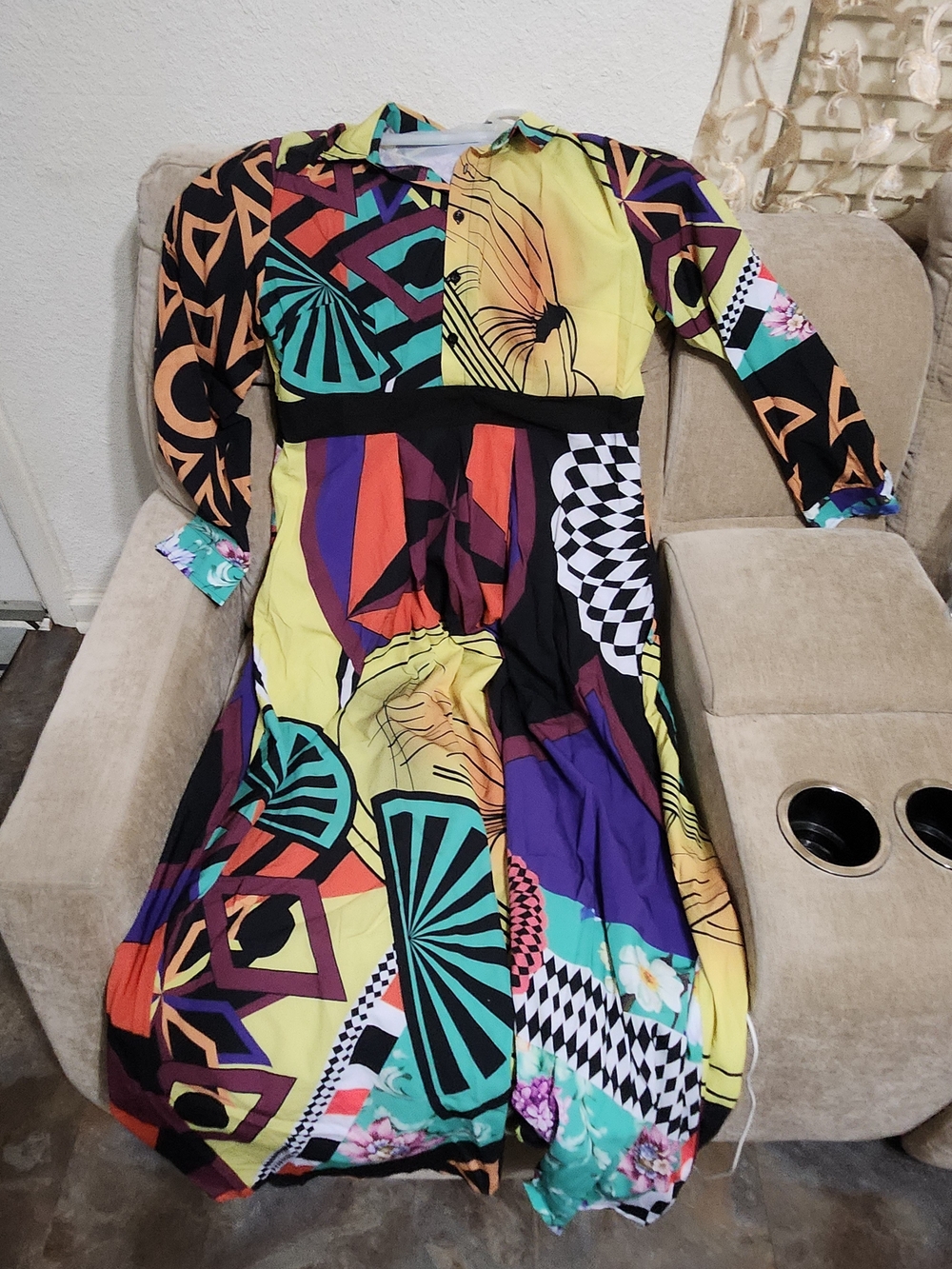 Multicolor Abstract Print Long-Sleeve Midi Dress